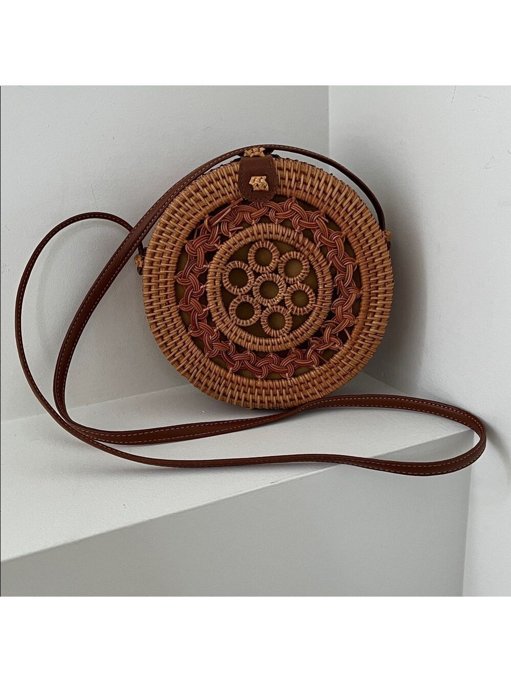 RATTAN Cross Body Round Bag Straw Woven Summer Lightweight Neutral Casual Boho